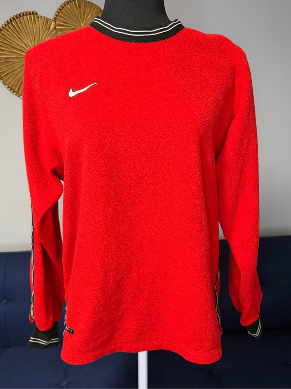 Nike Red Crew Neck Fleece Sweatshirt with Black/White Stripe Trim Small